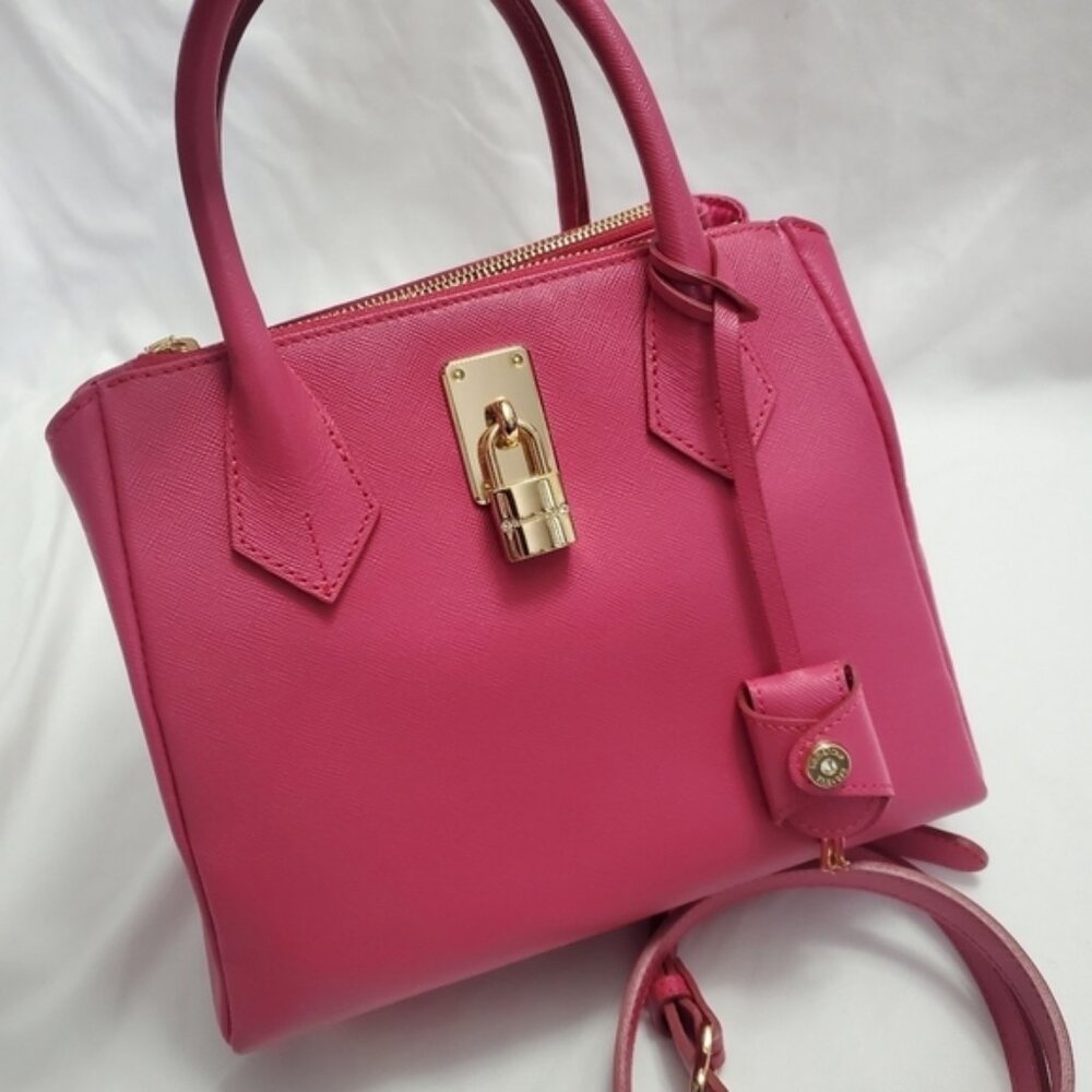 Samantha Thavasa Hot Pink Saffiano Leather Satchel Bag Padlock Crossbody Gold - Picture 2 of 15